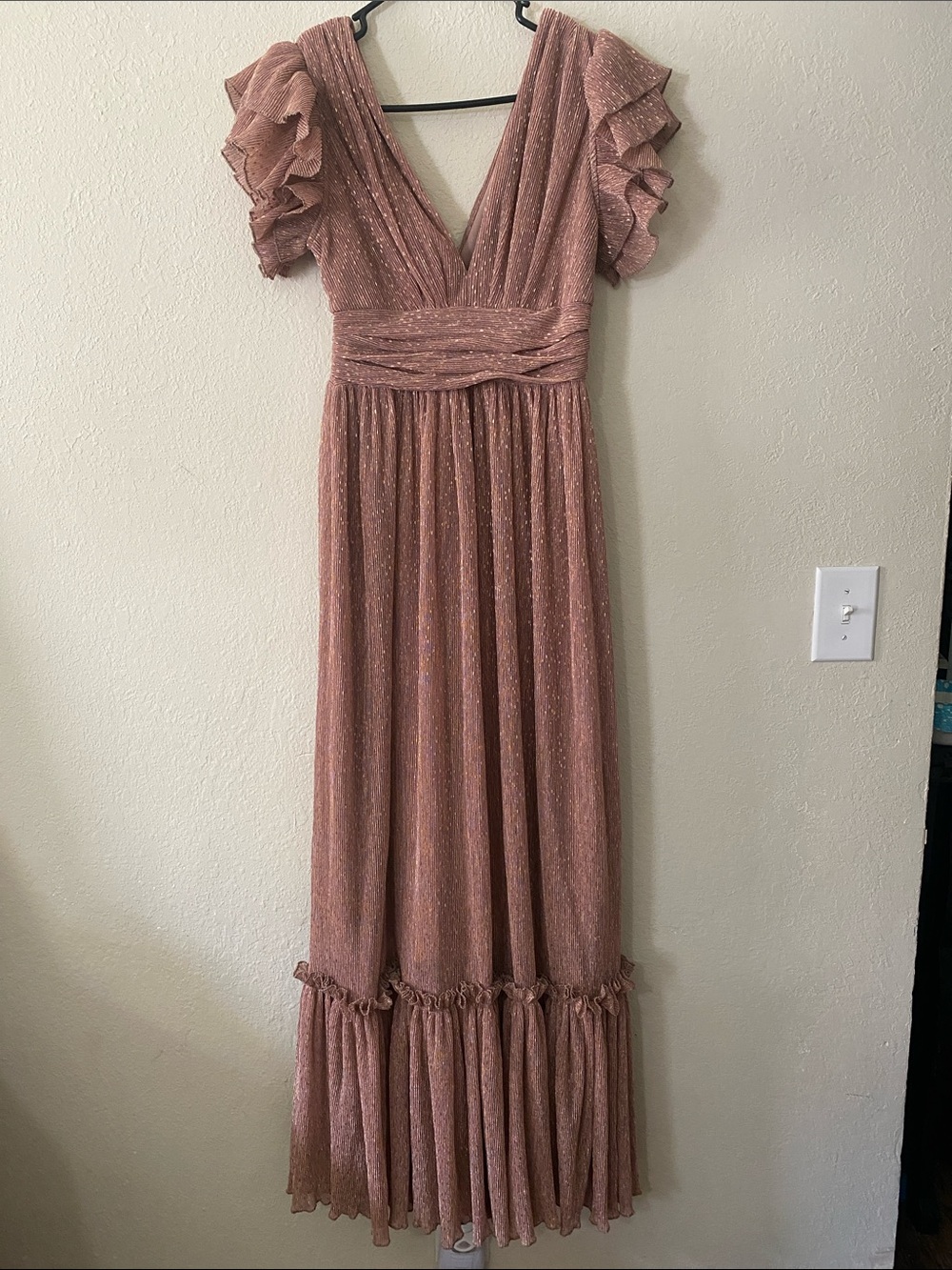 Mable Dusty Rose Adorable Dramatic Ruffle Shimmer Maxi Dress โจ - Picture 3 of 15